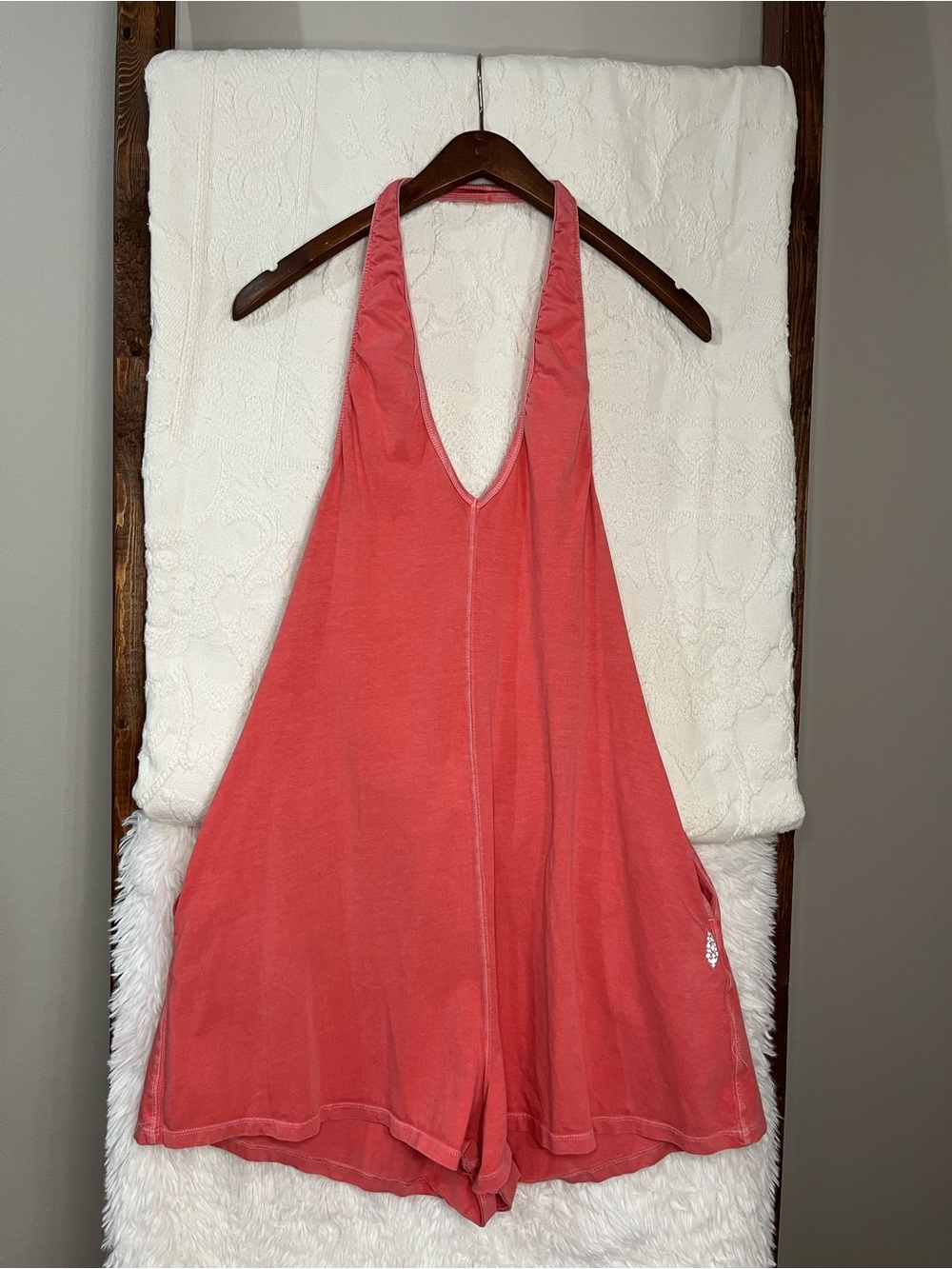 FP Movement Free People Hot Shot Halter Romper Hibiscus Pink Orange XS